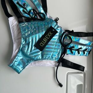 Dolls Kill Iridescent Blue and Black Strappy Top